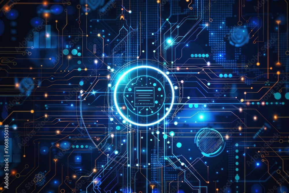 Poster a computer screen with a blue circle in the middle surrounded by many other blue and orange squares.