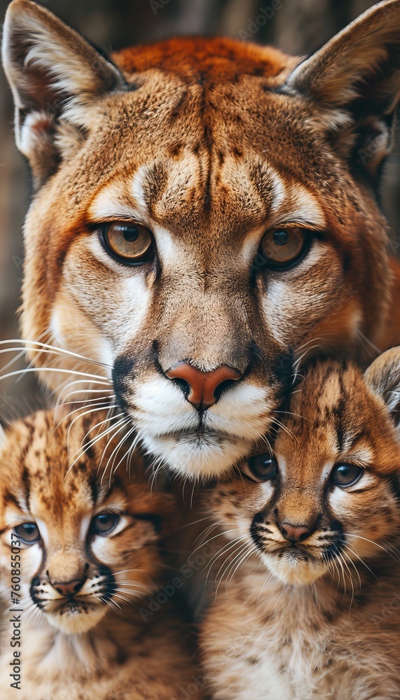 Poster male puma and cub portrait with space for text, object on right side, ideal for custom messages