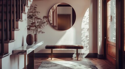 Stylish Entrance Hall Decor with Marble Top Console Table, Velvet Bench & Large Round Mirror.