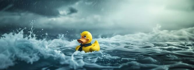 Foto op Canvas  Lead to success, ywllow rubber duck look for strategy to win business concept, business rubber duck leader successful in storm. © Igor Link