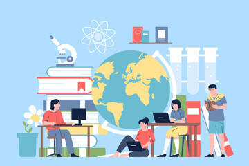 Exam preparing. Students learning together, reading books and writing with laptop. Online courses, studying tutorials and lessons. Education recent vector scene
