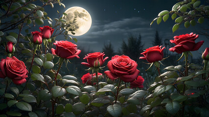 red roses in the garden in the dew against the backdrop of the full moon
