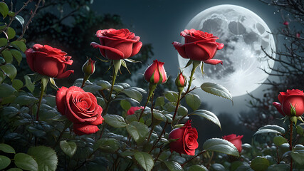 red roses in the garden in the dew against the backdrop of the full moon