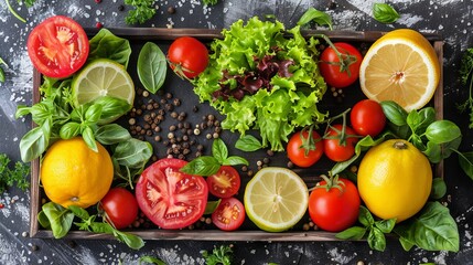 Multi-colored fresh vegetables evenly arranged on a dark background.
Concept: vegetarianism and cooking, healthy lifestyle and dietary nutrition.