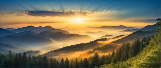 Fototapeta premium Mountain range of dense forests shrouded in fog