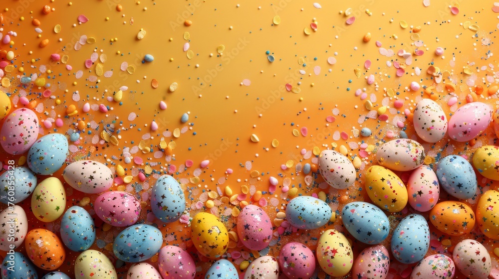 Aufkleber a group of colorful eggs with sprinkles on a yellow background with a place for a text or image.