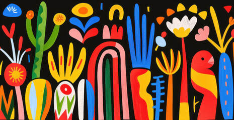 Fototapeta na wymiar a painting of flowers, plants, and a bird in the middle of a black background with red, yellow, blue, green, and orange colors.