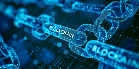 Blockchain concept with digital chains and network connectivity for secure transaction.