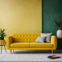 Minimalist interior design of modern living room, home. Yellow sofa against green and yellow marble paneling wall.