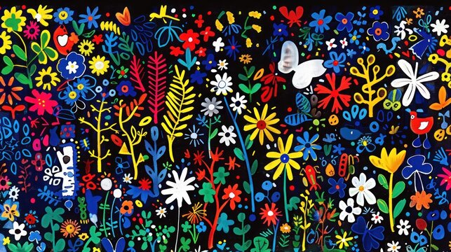a painting of colorful flowers and plants on a black background with a white butterfly in the middle of the picture.