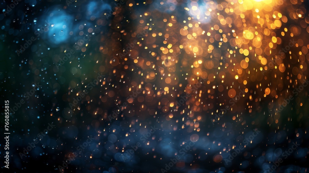 Poster a blurry image of rain on a window with a blurry background of the outside of the window and the out
