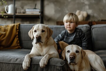 Young boy with labrador dogs sitting on grey couch at home