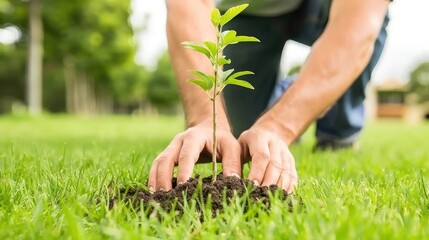 A man plants a young tree in the garden. Earth day banner, farming, gardening