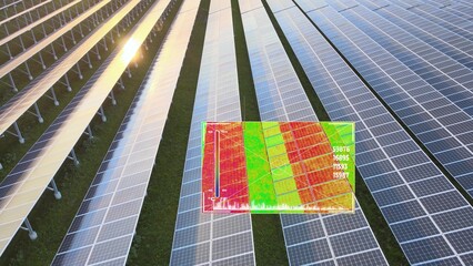 Solar panel inspection by drone thermal camera. Analyze of photovoltaic cells. 3D render