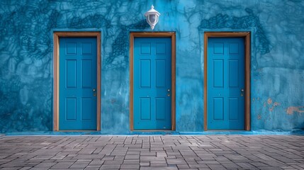 a blue building with three blue doors and a white vase on top of one of the doors and a white vase on the other side of the door.