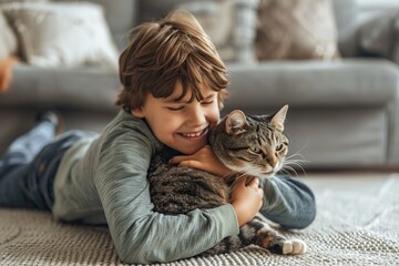 Young boy with cute cat on floor at home