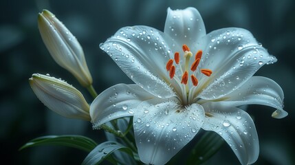 a close up of a white flower with drops of water on it's petals and a green leafy background.