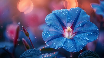 a close up of a blue flower with drops of water on it's petals and a blurry background.