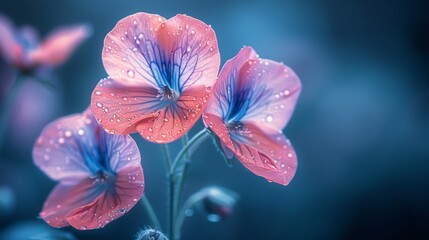 pink and blue flowers with drops of water on them, on a blue background with a blurry back ground.