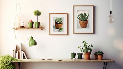 Interior of modern living room with plants in pots and photo frames