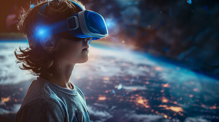 A child wearing virtual goggles, virtual reality helmet explores the cosmos among the stars and...