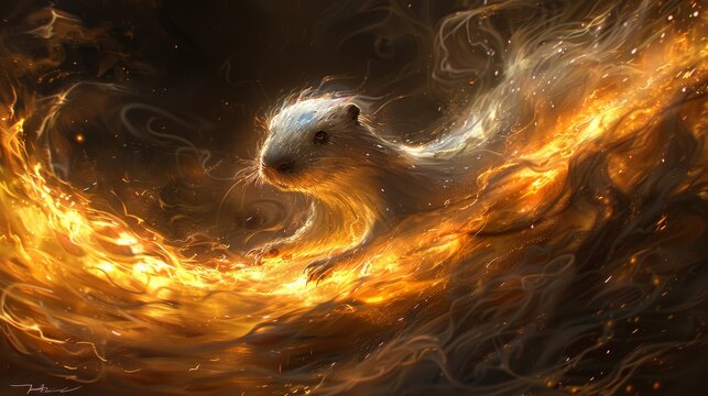 a digital painting of a rat in a swirl of yellow and orange fire with a black background and a white rat on the right side of the image.