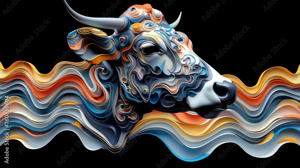 Poster a bull that is standing in the middle of a wave of colored lines on a black background with a black 