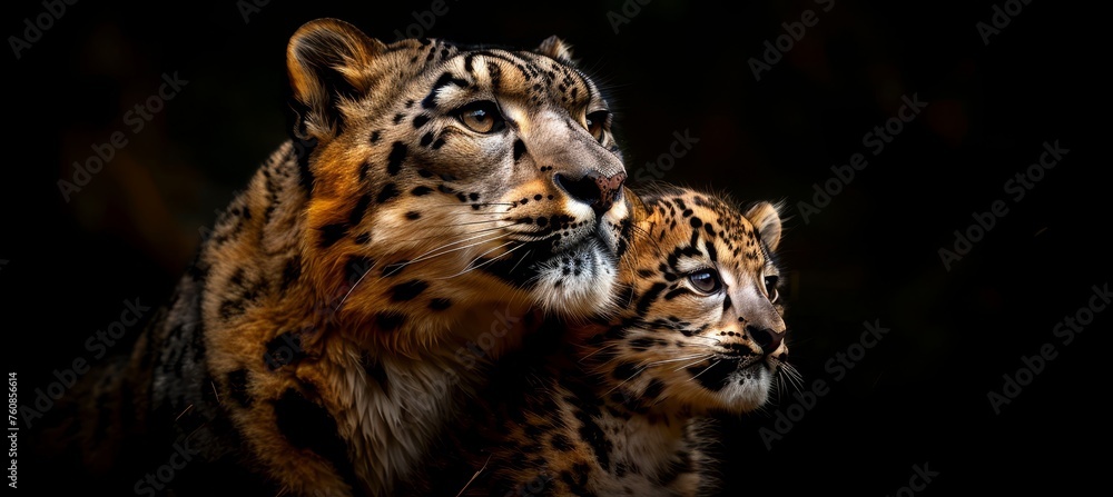 Poster male snow leopard and cub portrait with empty space for text, object on right side of the image