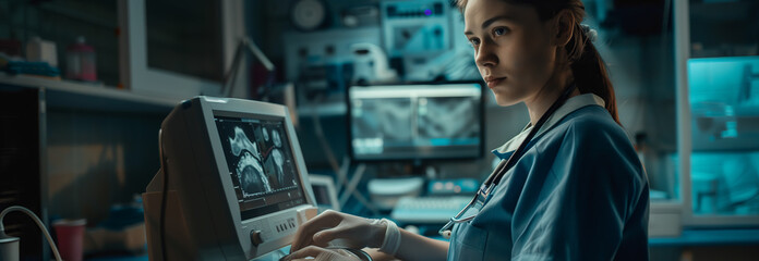 Caucasian female doctor checking x-ray work in hospital. - Powered by Adobe
