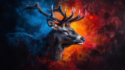 a close up of a deer with antlers on it's head in front of a red and blue background.