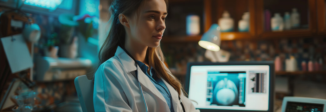 Caucasian female doctor checking x-ray work in hospital. - Powered by Adobe