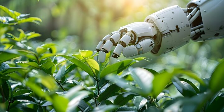 Utilizing Robotic Arm for Green Plant Maintenance. Concept Agricultural Automation, Robotics, Green Technology, Plant Care, Sustainable Farming