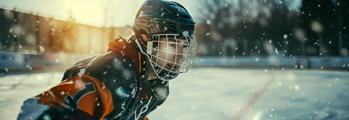 Selective focus of Caucasian male athlete playing ice hockey on the field.