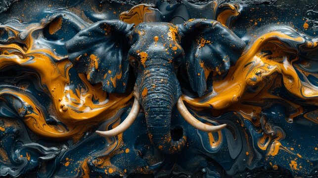 a close up of an elephant's head with orange and black paint on it's face and trunk.