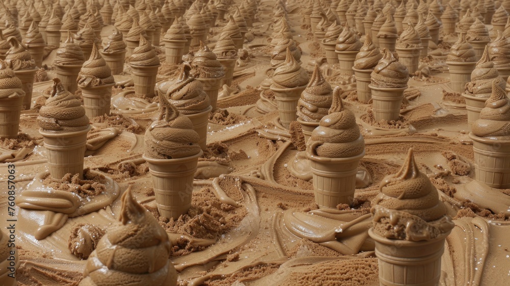 Poster a large group of sand sculptures made to look like they are made out of different shapes and sizes o