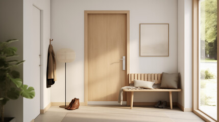 interior design of modern home entryway with door, 3D illustration