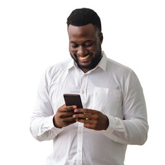 A happy African American man standing holding and using his cellphone to browse the internet. Smiling black man laughing while browsing his phone for social media