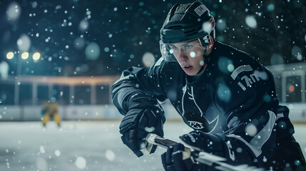 Selective focus of Caucasian male athlete playing ice hockey on the field.