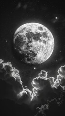 Fototapeta na wymiar Beautiful sky night with lighting moon and stars, black and white, in dark night, generated with AI