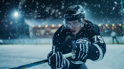 Selective focus of Caucasian male athlete playing ice hockey on the field.