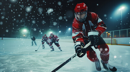 Selective focus of Caucasian male athlete playing ice hockey on the field.