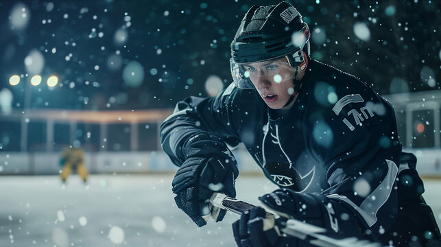 Selective focus of Caucasian male athlete playing ice hockey on the field. - Powered by Adobe