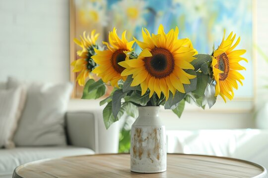 Bouquet of sunflowers in vase on table in living room