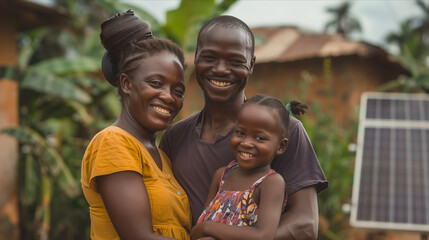 An African family lives in a house equipped with solar panels.
