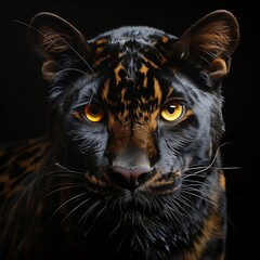 An image of a black leopard with yellow eyes
