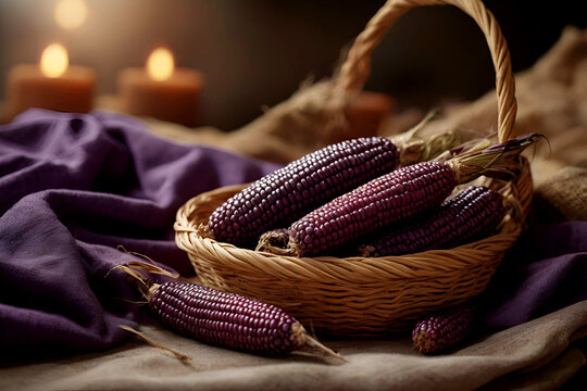 Close up of Purple corn on wooden basket in rustic kitchen, Organic sweet purple corn. Maiz morado peruvian, bolivian corn
