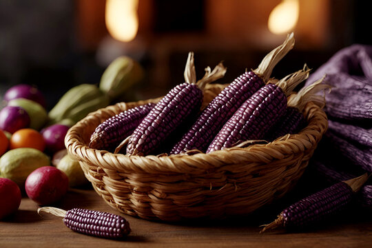 Close up of Purple corn on wooden basket in rustic kitchen, Organic sweet purple corn. Maiz morado peruvian, bolivian corn