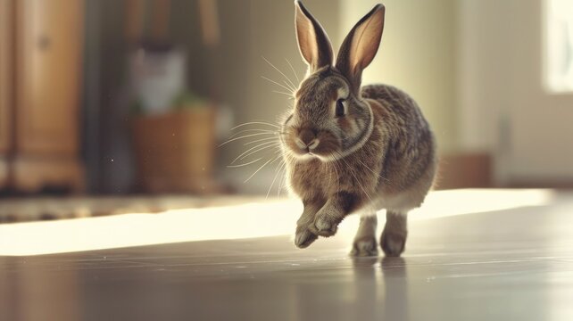 Bunny running on a polished wooden floor - This engaging image features a bunny sprinting across a polished wooden floor in a home setting
