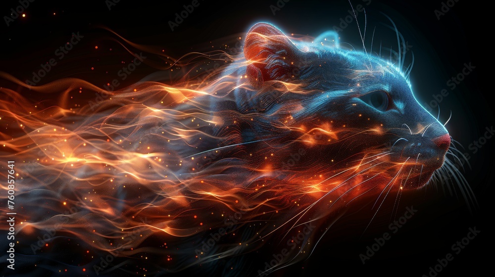 Poster a cat that is sitting down with some fire in it's mouth and a black background with a red and blue c