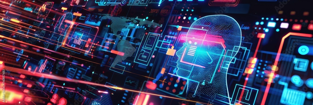 Poster futuristic ai head in abstract digital space - illustrating an ai head with glowing circuits, symbol